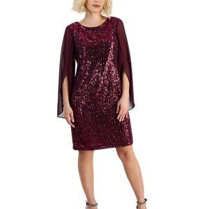 Connected Apparel 10P Purple Sequin Dress W/ Sheer Long Sleeves Polyester Evenin